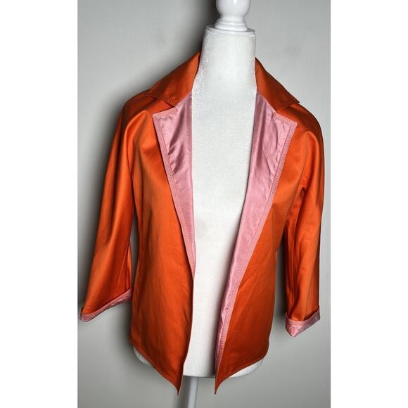 Charles Nolan New York 100% Silk Orange Pink Reversible Open Jacket Pockets Sz 2 - Picture 2 of 11